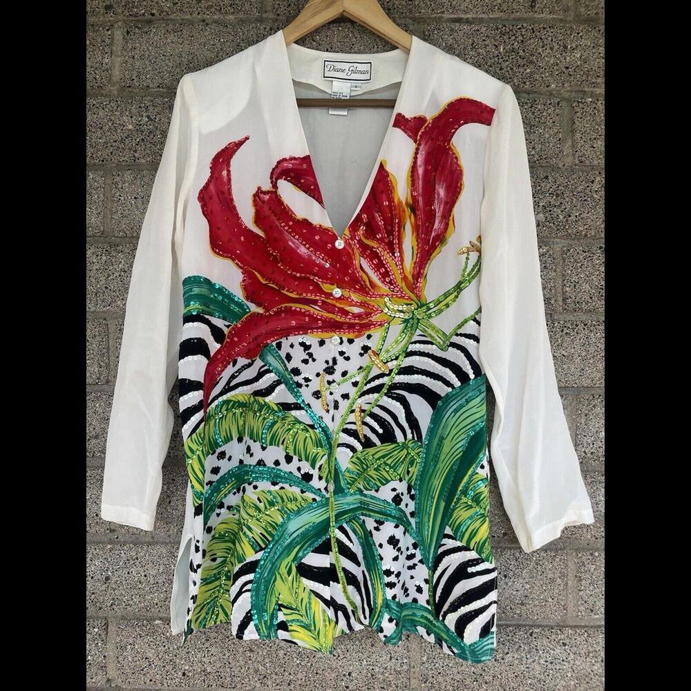 DIANE GILMAN 100% Silk Beaded Sequins V-neck Button Up Blouse Top Women's size S
